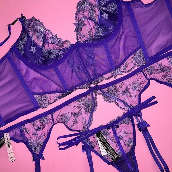 Victoria's Secret 32B,34B,34D CORSET BRA TOP SET+garter+PURPLE SILVER STARSTRUCK - Picture 6 of 6